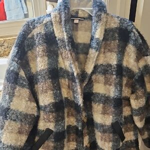 Knox Rose Plaid Teddy Jacket in Blue, Cream, and Brown Size 1x Nwot